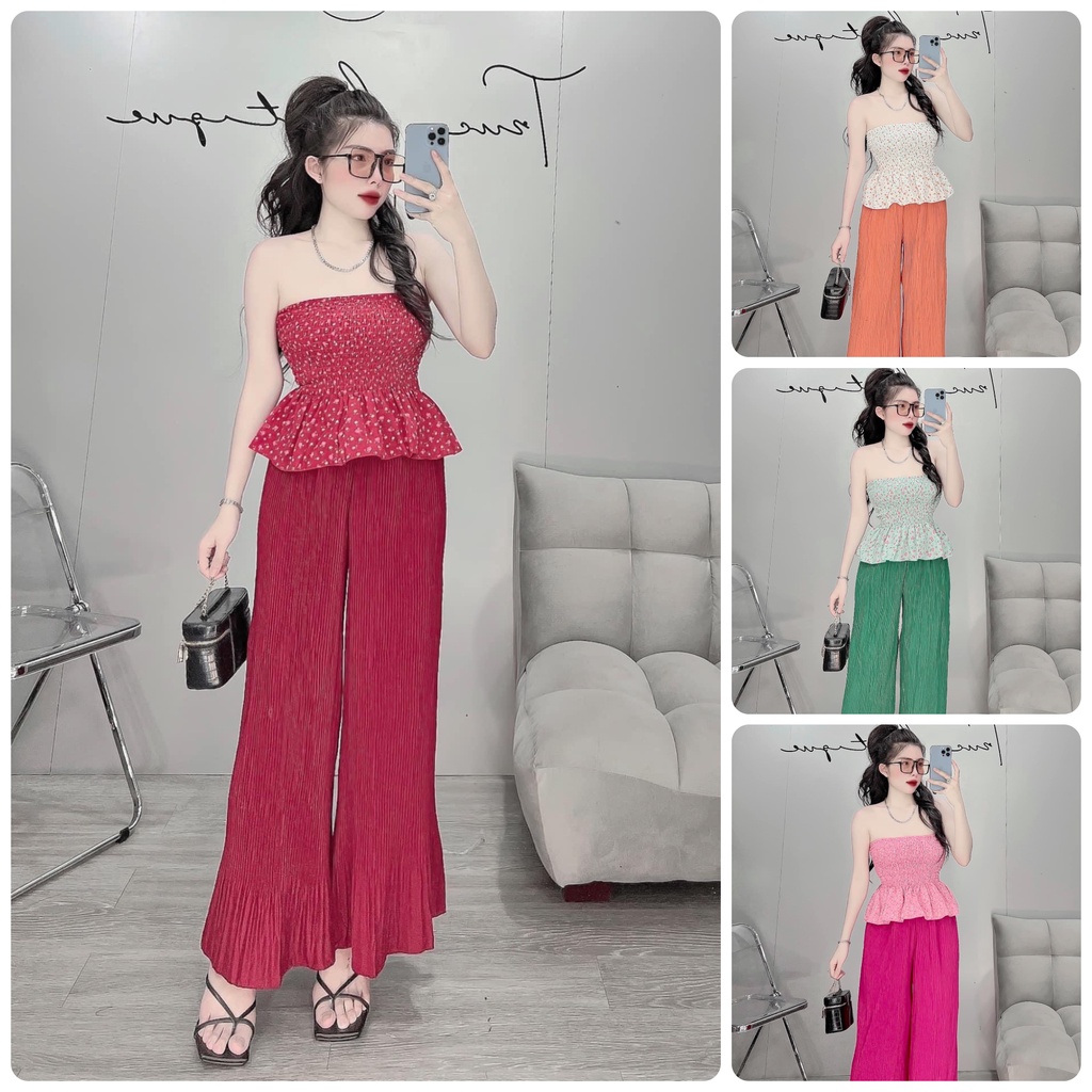 Đồ bộ nữ vải lụa quần dập ly phối áo lụa hoa nhí nhúng * Set đồ bộ nữ *