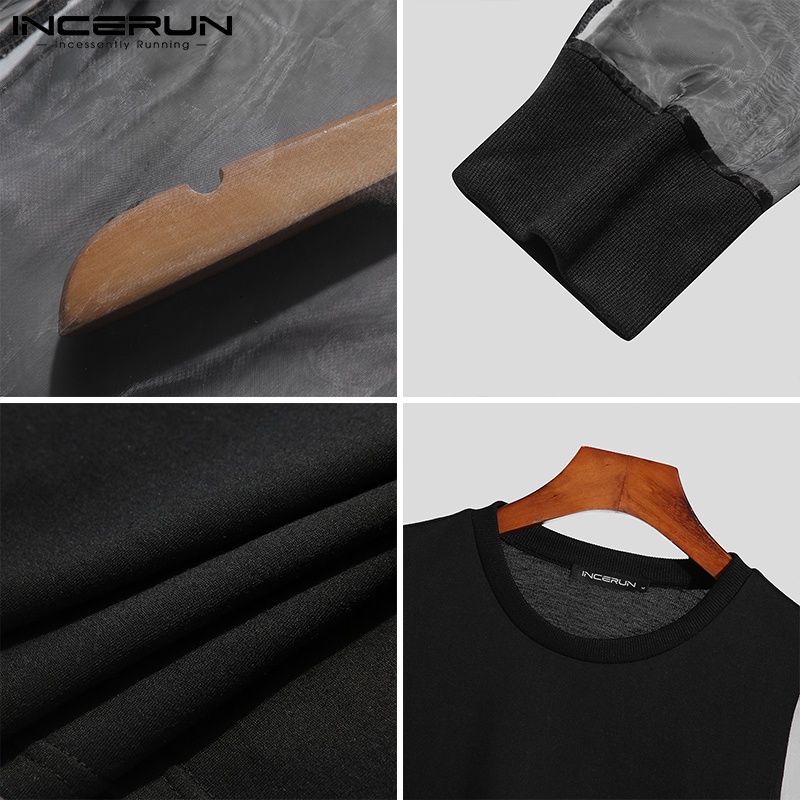 Áo croptop INCERUN tay dài cổ tròn phối lưới xuyên thấu cho nam