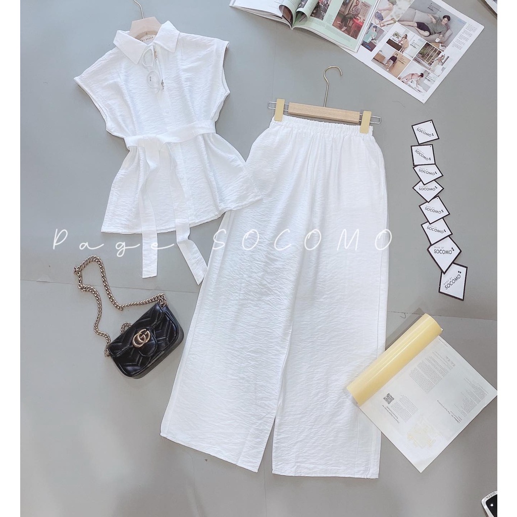 Set quần suông thắt eo kèm áo tay hến Socomo B412022 - Hàng loại 1, chất đẹp - Giá tốt