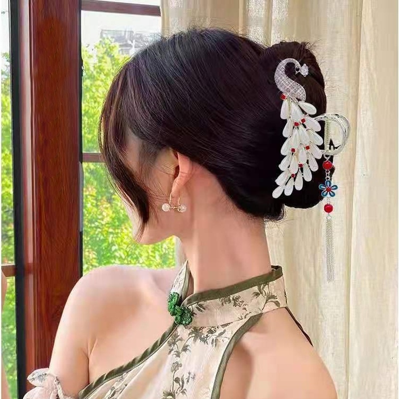 Haimeikang Kẹp tóc cỡ lớn phối tua rua hình chim công đính ngọc trai thời trang chất lượng dành cho nữ