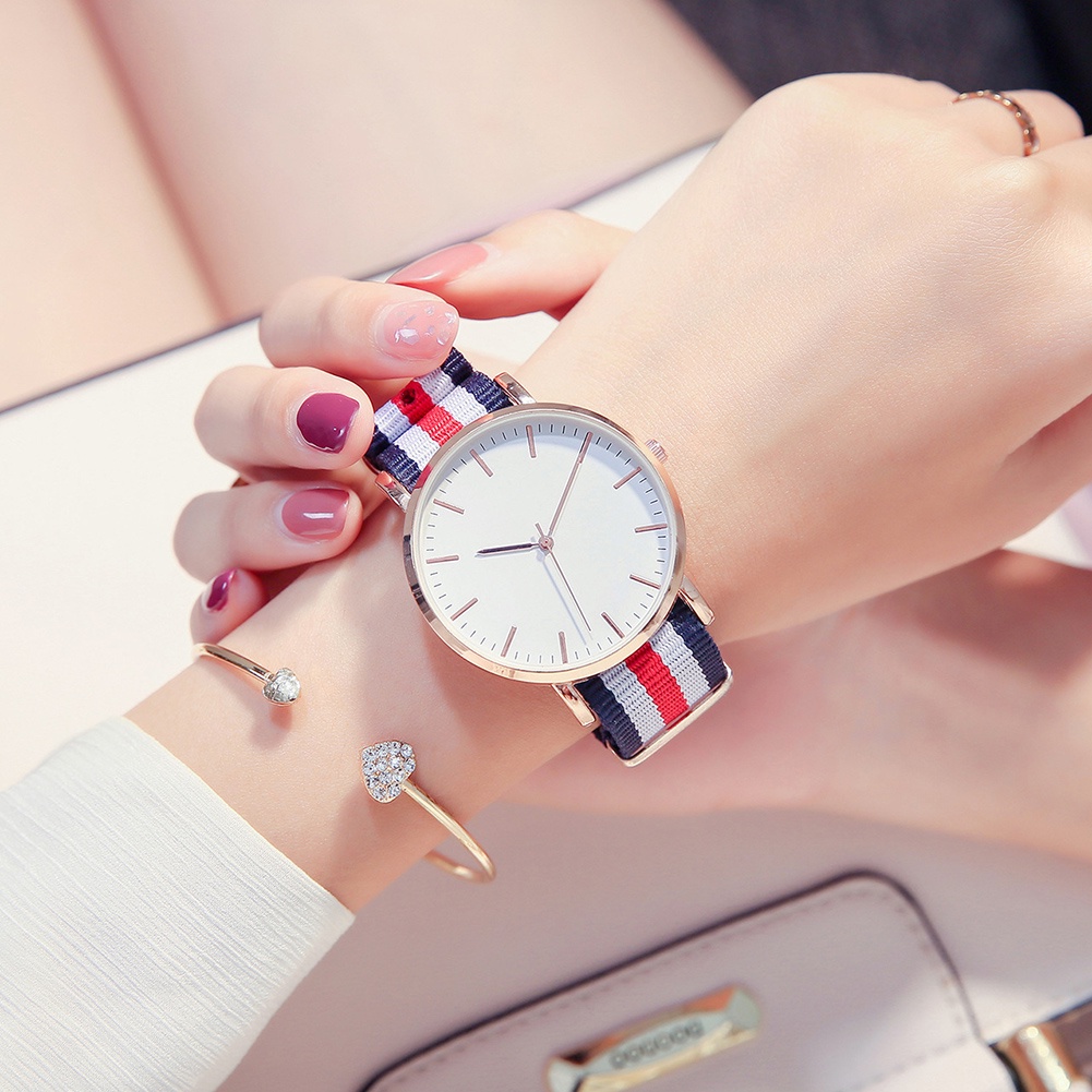 Đồng hồ đeo tay bộ máy quartz dây đeo bằng nylon họa tiết kẻ sọc thời trang cho cặp đôi