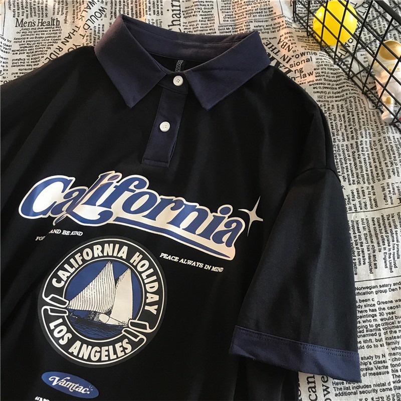 Polo Tay Lỡ Unisex Phong Cách Cá Tính,Áo Thun Cổ Bẻ Nam Nữ California Cotton Thoáng Mát