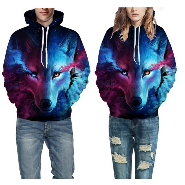 Sale 69% Áo hoodie Unisex in hình sói 3D thời trang, Blue red wolfM Giá gốc 215000đ- 118B79