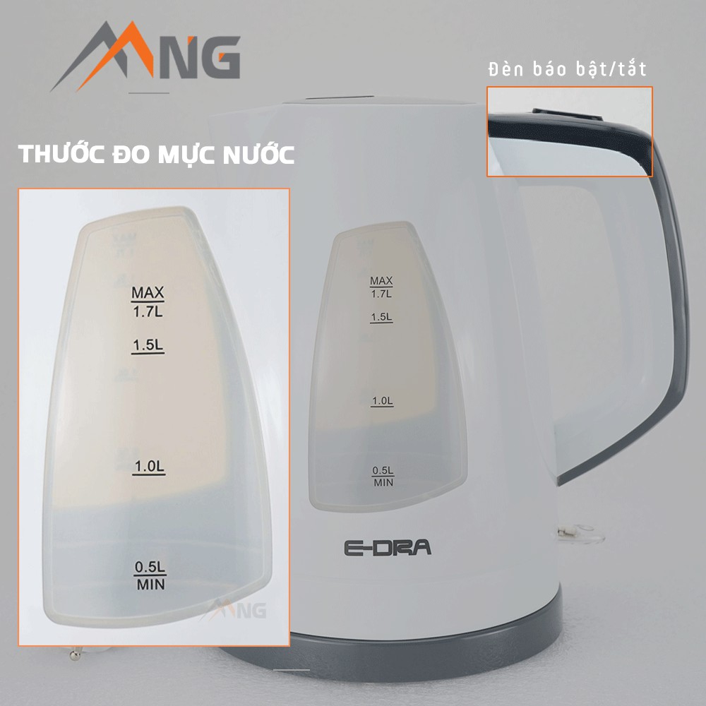 Ấm đun nước siêu tốc EDra - EK1704L dung tích 1,7 lít màu trắng đế xoay không dây, hàng chính hãng bảo hành 24 tháng