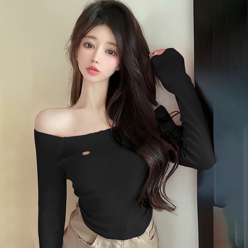Áo Croptop Dệt Kim Tay Dài Màu Sắc Thanh Lịch