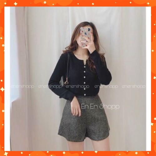 Áo len gân cổ tròn khuy dài tay Quảng châu