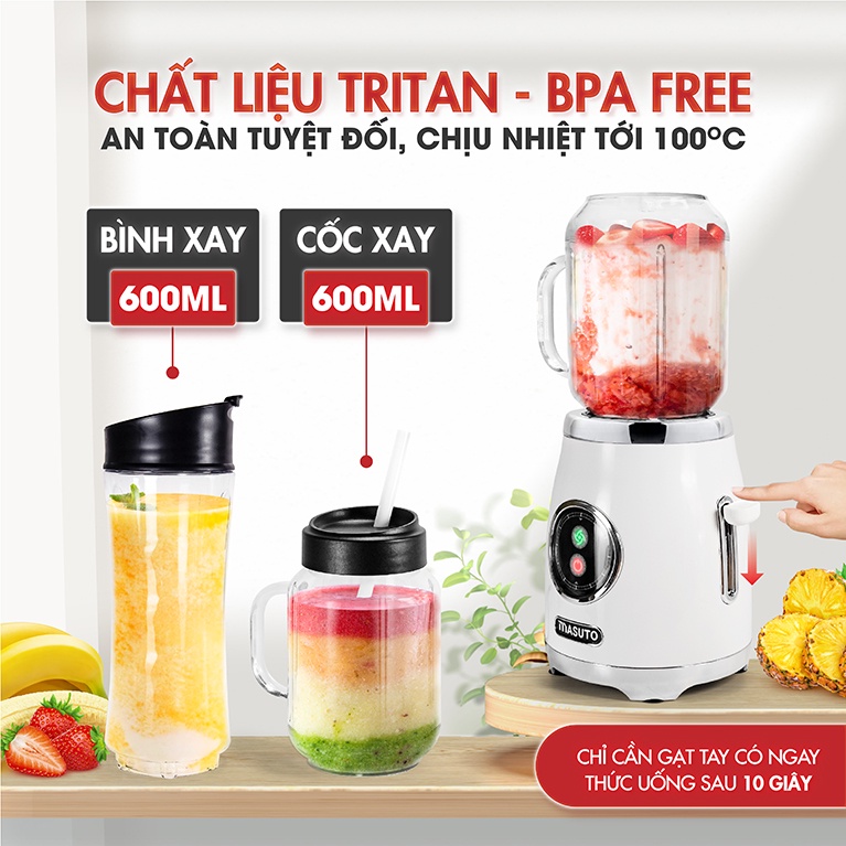 Máy xay sinh tố đa năng Masuto chuyên gia say món healthy eatclean 2 cối 0,6L kèm ống hút