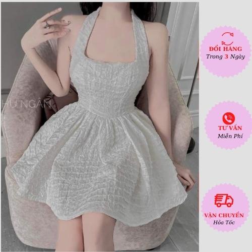 Váy 2 dây gấm nữ cổ yếm thắt nơ hở lưng dáng xòe ôm body tiểu thư bánh bèo đi biển tiệc cưới Hàn Quốc
