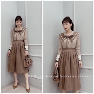 SET ÁO LEN KHUY MIX CHÂN VÁY XẾP LY HOT HIT