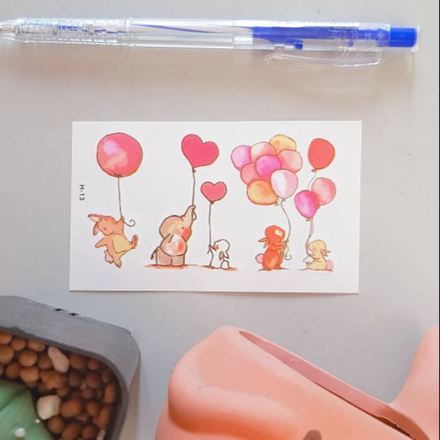 Hình xăm tatoo động vật chơi bong bóng, voi thỏ h13. Xăm dán tatoo mini tạm thời, size &lt;10x6cm