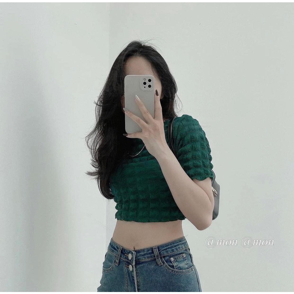 Áo Croptop Chất Caro Xốp Nữ [FREESHIP]  Thun kiểu body cộc tay dáng ôm viền bèo tiểu thư đường phố hàn quốc