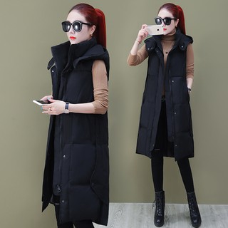 Áo khoác phao nữ dáng dài không ông tay có mũ trùm đầu độn bông cotton dày