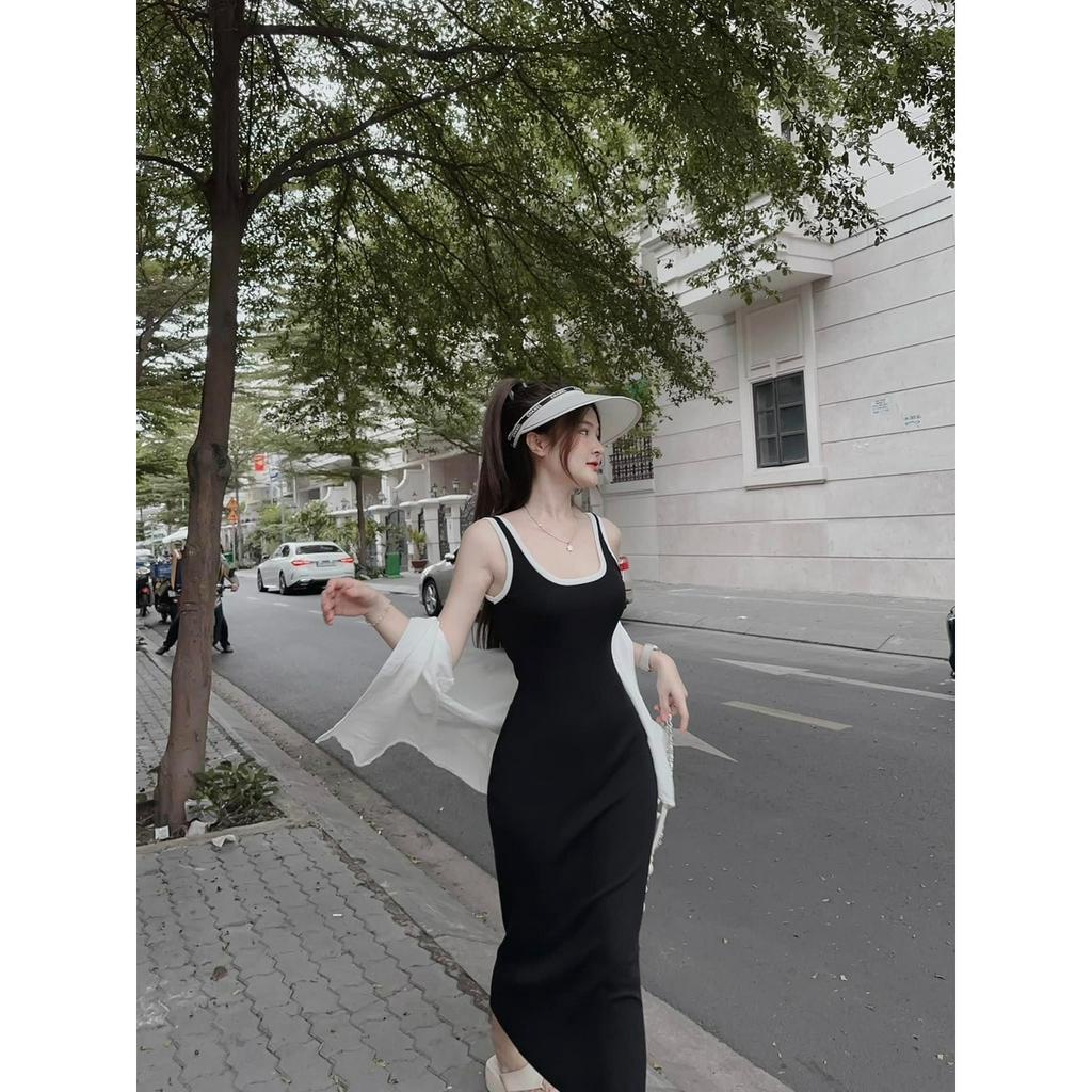 SET ĐẦM MIDI SÁT NÁCH ĐEN VIỀN TRẮNG + ÁO SƠ MI KHOÁC TRẮNG