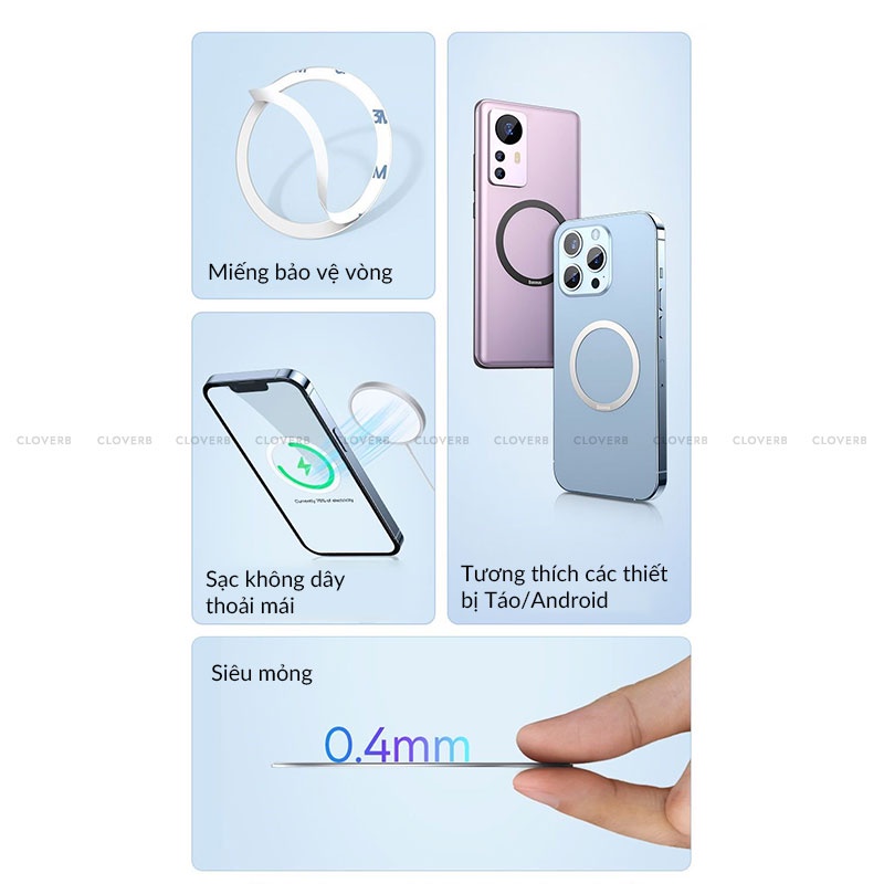 Baseus - Miếng Dán Vòng Kim Loại Siêu Mỏng Hỗ Trợ Sạc Không Dây Từ Tình Cho Ốp Lưng Điện Thoại, iP8-iP14, Samsung