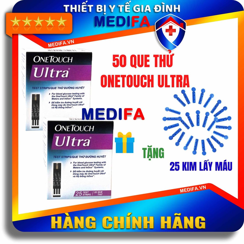 Hộp 50 Que thử đường huyết One Touch Ultra (tặng 25 kim lấy máu)