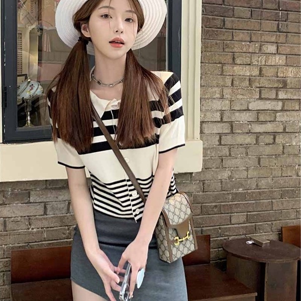 Áo Thun POLO Dệt Kim Ngắn Tay Họa Tiết Kẻ Sọc Thời Trang