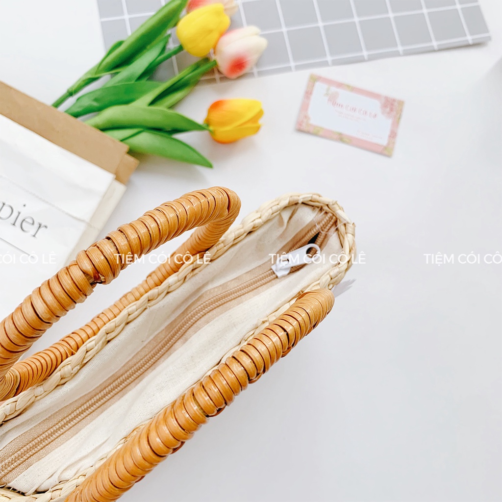 Túi lục bình mini dáng vuông, làn cầm tay đan kiểu mắt na xinh xắn - Tiệm Cói Cô Lê
