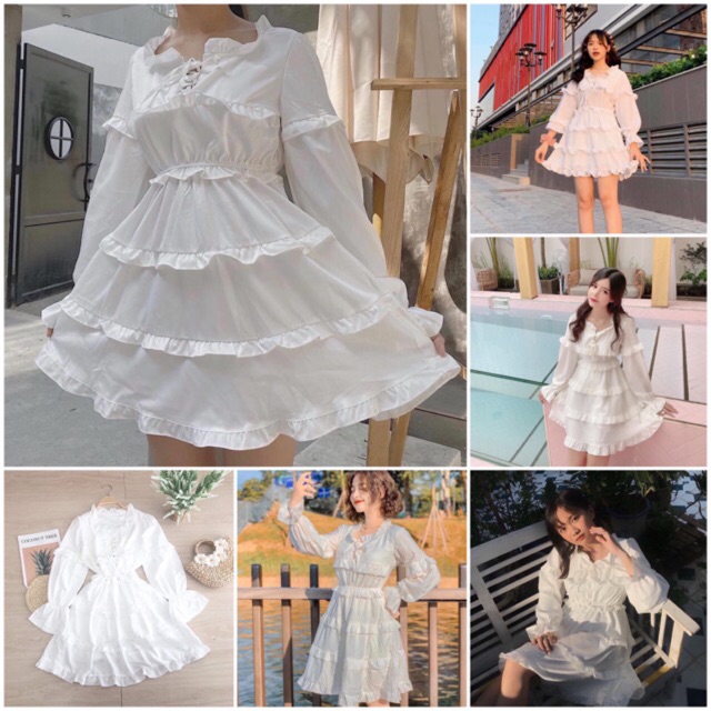 Đầm babydoll tay dài phối bèo trắng tiểu thư công chúa nhẹ nhàng
