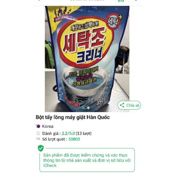Combo 3 gói bột  tẩy  lồng  máy giặt  hàn quốc