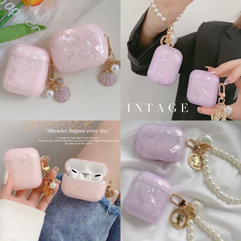 Vỏ bọc bảo vệ hộp sạc tai nghe Airpods 3 2 1 Pro đính ngọc trai giả lấp lánh kèm dây đeo chống rơi sang trọng