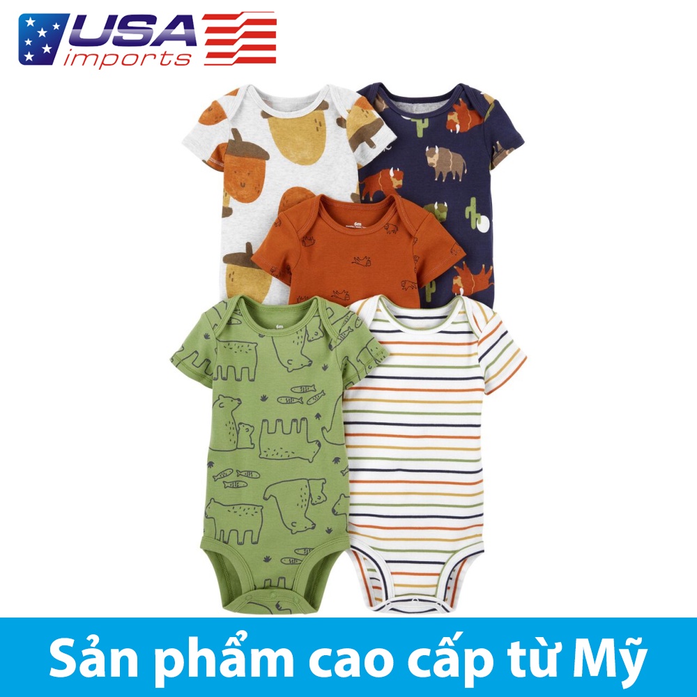 Set 5 áo liền quần tay ngắn xanh nâu hoạ tiết gấu Car-tờ Auth Từ Mỹ (1M101810)
