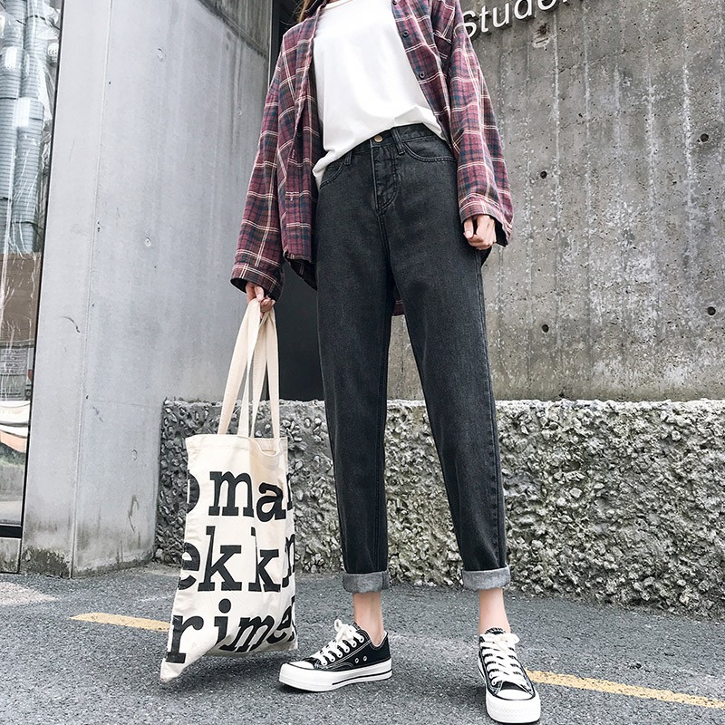 Quần baggy jean trơn cạp cao màu xám khói chất dày dặn phong cách ulzzang cao cấp