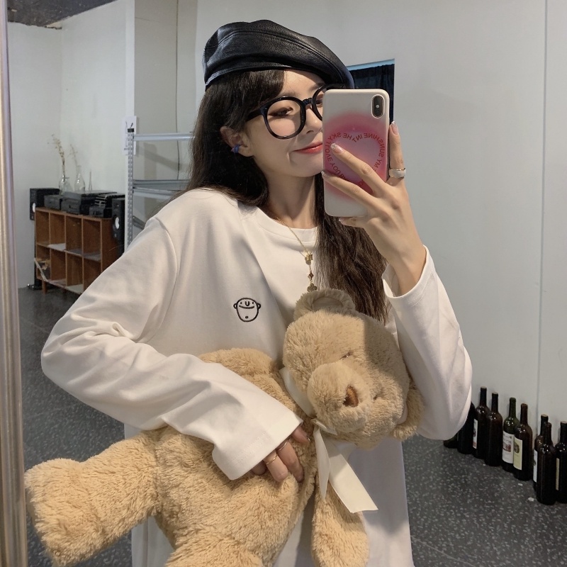 ZHELIHANGFEI Áo Thun Tay Dài Cổ Tròn Form Rộng Với Họa Tiết Thêu Đơn Giản Dễ Phối Đồ