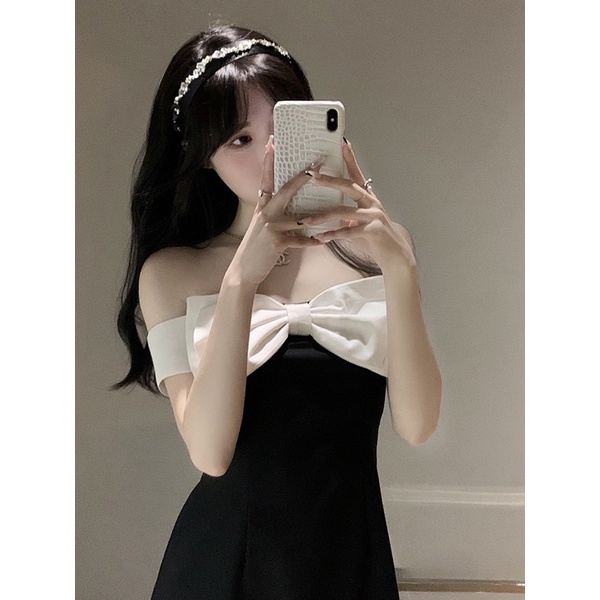 Đầm váy nữ trễ vai phối nơ đen trắng tiểu thư sang chảnh hot ulzzang