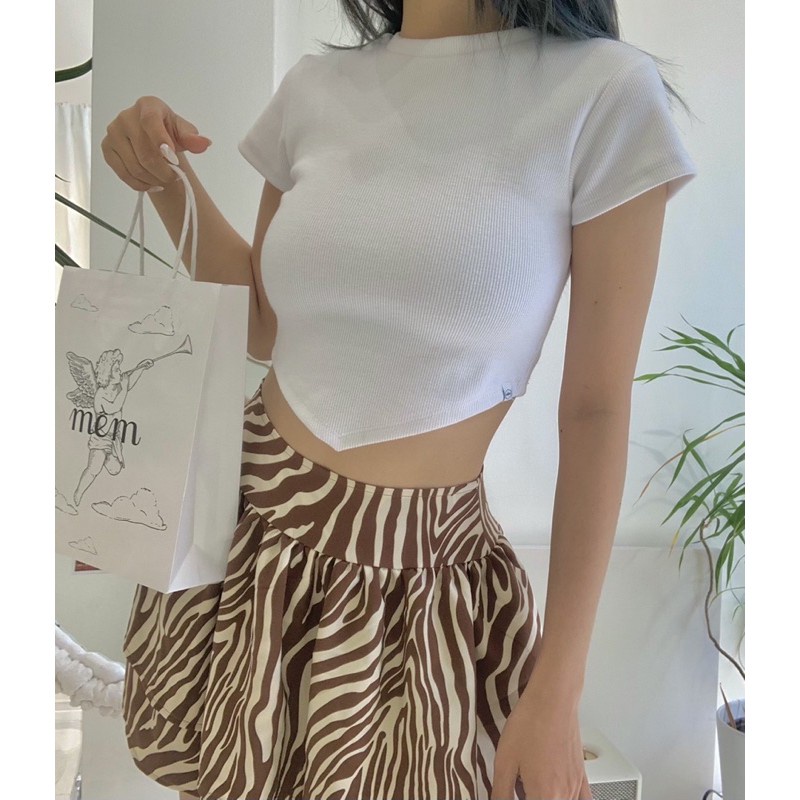 Áo croptop tay ngắn vạt nhọn C.01 chất vải thun gân bo rib co dãn tốt mặc mát mịn