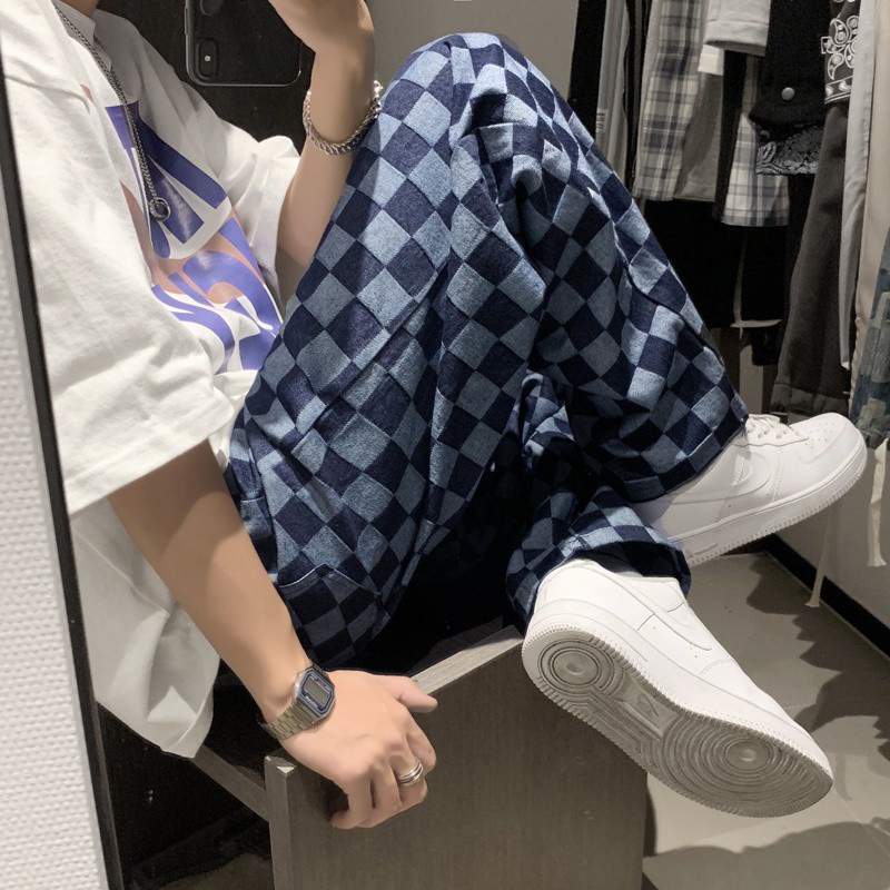 Quần dài ống suông rộng họa tiết kẻ sọc ca rô phong cách hip hop đường phố thời trang cho nam