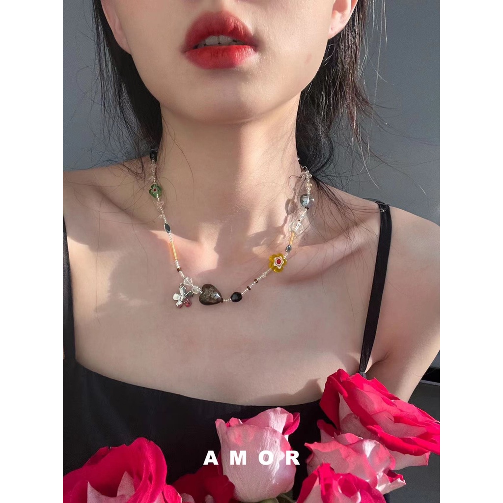 Vòng Cổ Xương Cổ Xương Thủy Tinh Mặt Trái Tim Thủ Công Vintage Mùa Hè Cho Nữ