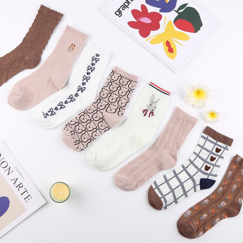Tất cổ cao vải cotton thêu nhiều họa tiết tùy chọn phong cách Hàn Quốc