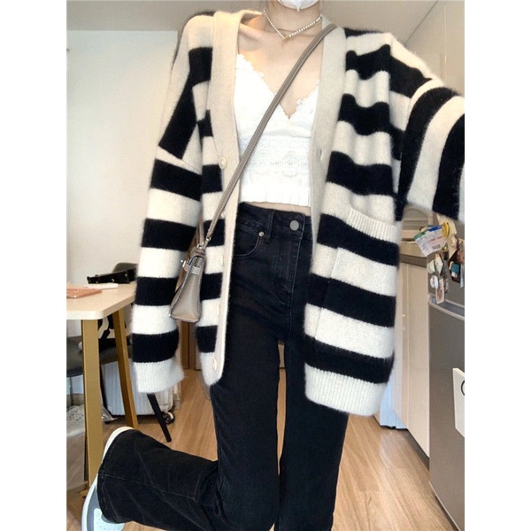 Áo Khoác Cardigan Dệt Kim Cổ Chữ V Họa Tiết Kẻ Sọc Màu Sắc Tương Phản Phong Cách Hàn Quốc Thời Trang Mùa Đông Cho Nữ