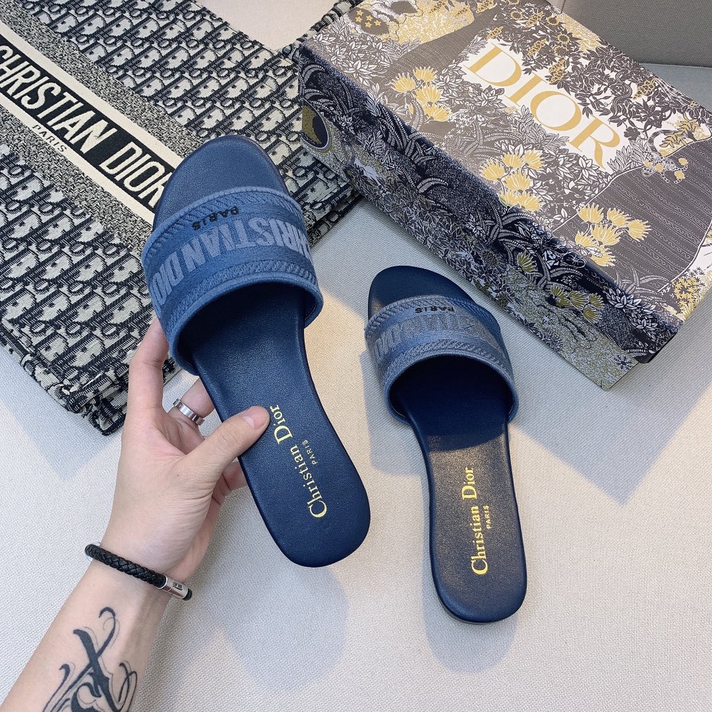 No Box - Dép Cotton Họa Tiết Thêu DWAY Màu Xanh Dương Ngôi Sao Nam Cực Cho Nữ