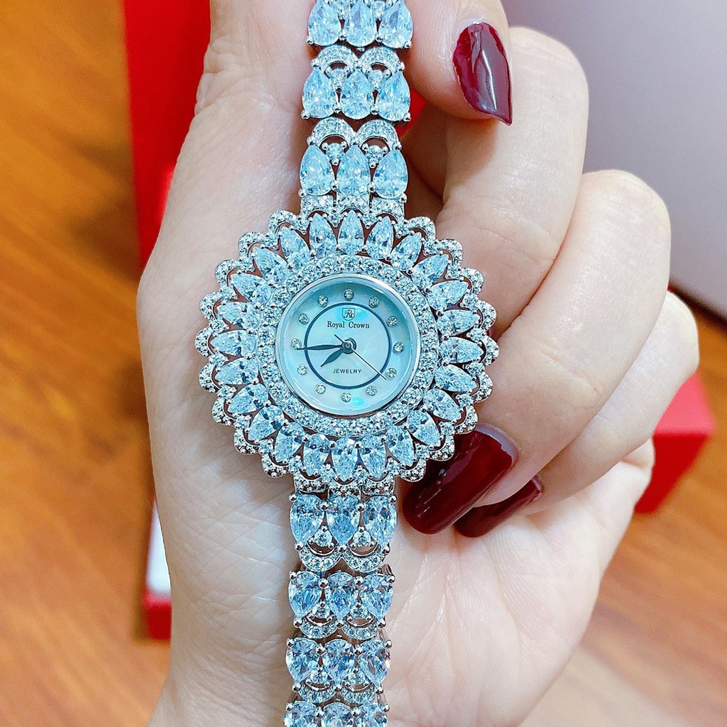 Đồng Hồ Nữ Royal Crown Hoa Tuyết Đính Đá 36mm Xách Tay