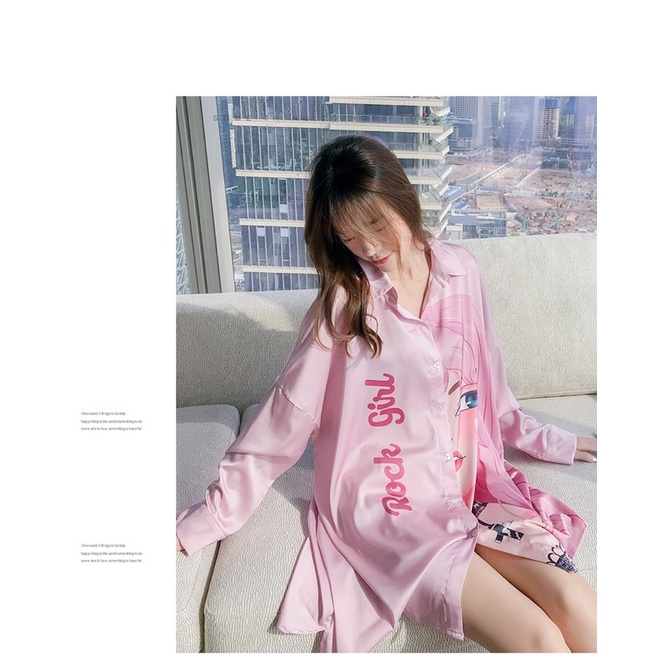 Váy ngủ sơ mi lụa tay dài rock girl &amp; snow girl blue lụa satin cao cấp quảng châu T006.