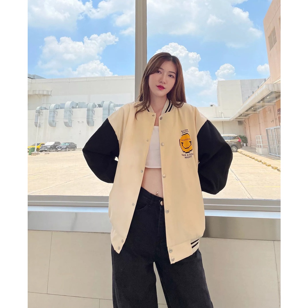 ÁO KHOÁC NỈ NỮ KIỂU BOMBER NÚT BẤM IN CHỮ FLOOR MÀU ĐEN BÒ XANH VÀNG KEM SIÊU ẤM ÁP CAO CẤP NITIQC