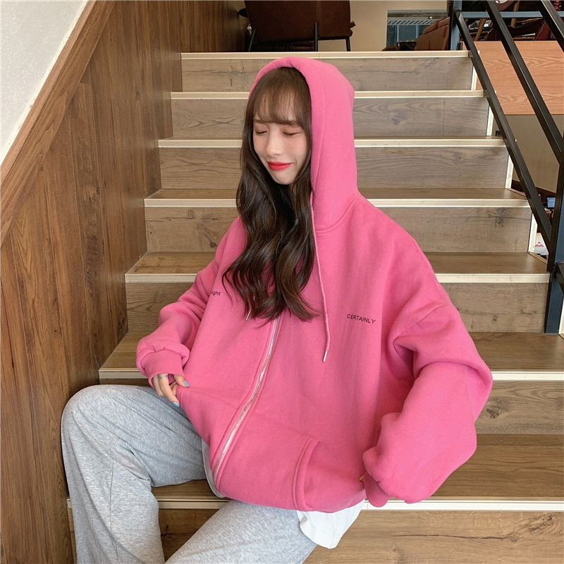 Áo Hoodie Dài Tay 176146Áo Khoác Có Mũ Dáng Rộng Màu Sắc Đơn Giản Cho Nữ