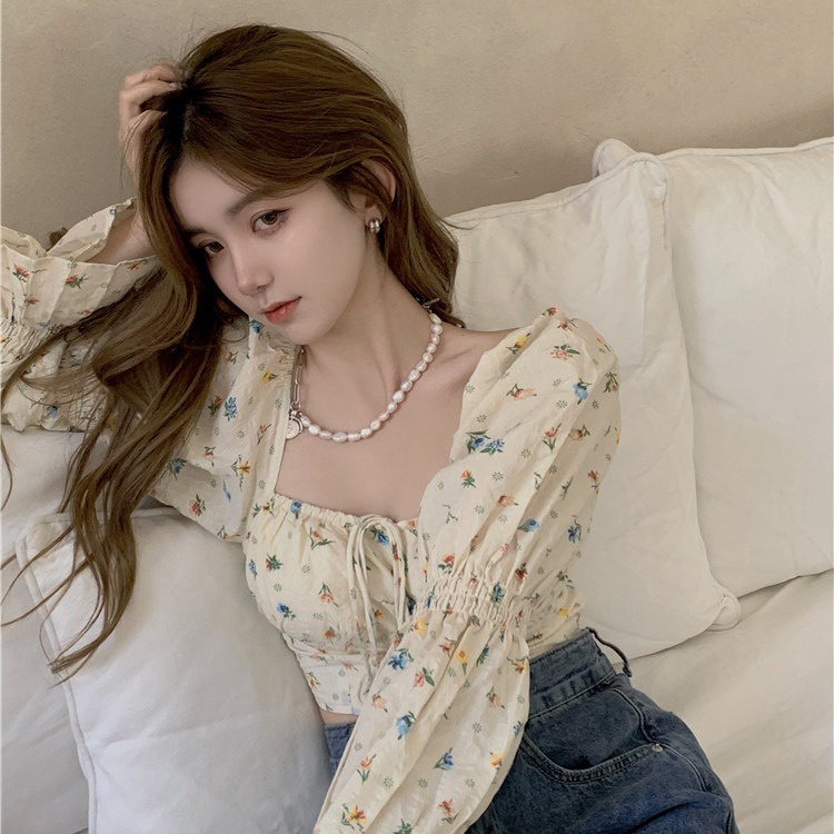 Áo sơ mi Voan Hoa Tay Dài Thời Trang Dành Cho Nữ ôm body cột nơ phong cách Hàn Quốc Quảng Châu K4T4-1