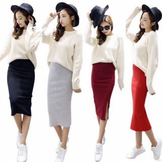 [HÀNG MỸ] Váy midi FOREVER21 ôm body thun cotton gân tăm lưng thun xẻ tà màu đỏ tươi, xanh dương navy