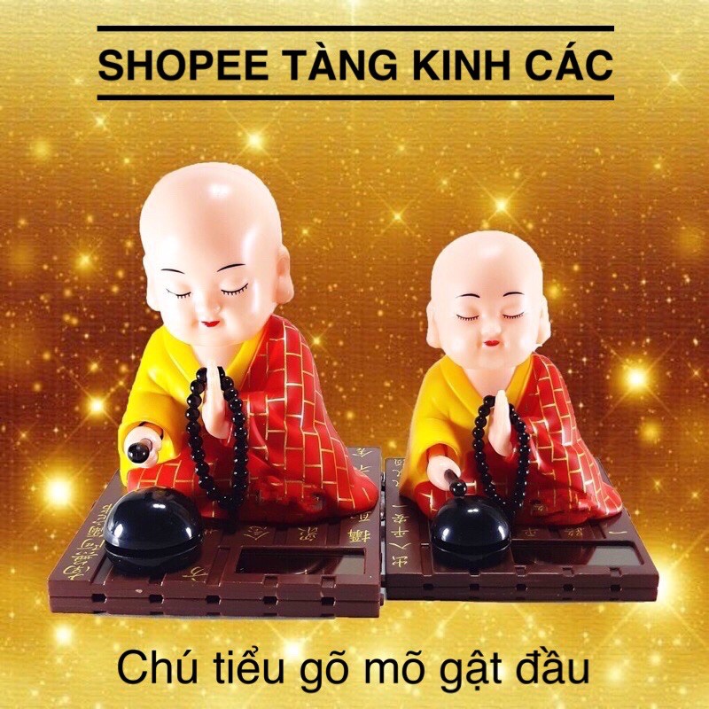 Tượng may mắn Chú Tiểu Gõ Mõ Tụng Kinh trang trí xe hơi, phong thủy, bàn làm việc hoạt động năng lượng mặt trời