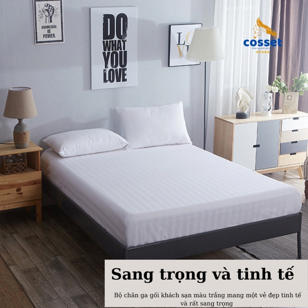 Bộ Chăn Ga Gối  COSSET Sọc 3cm T300 - Bộ chăn ga màu trắng 100% Cotton Cao Cấp-Chăn Ga Gối Đệm Khách Sạn