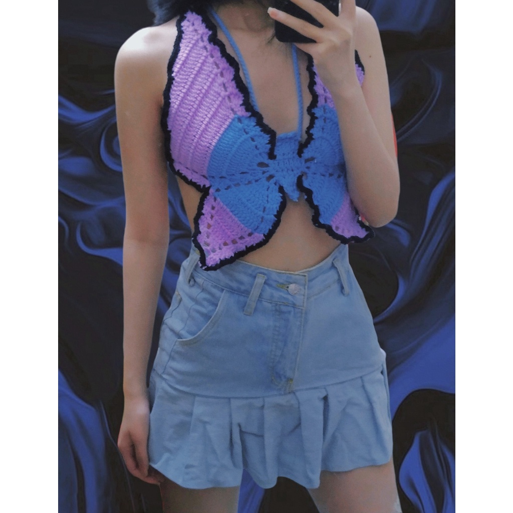 Áo Butterfly crochet croptop y2k ver 2 - len móc hình bươm bướm handmade - ẢNH THẬT