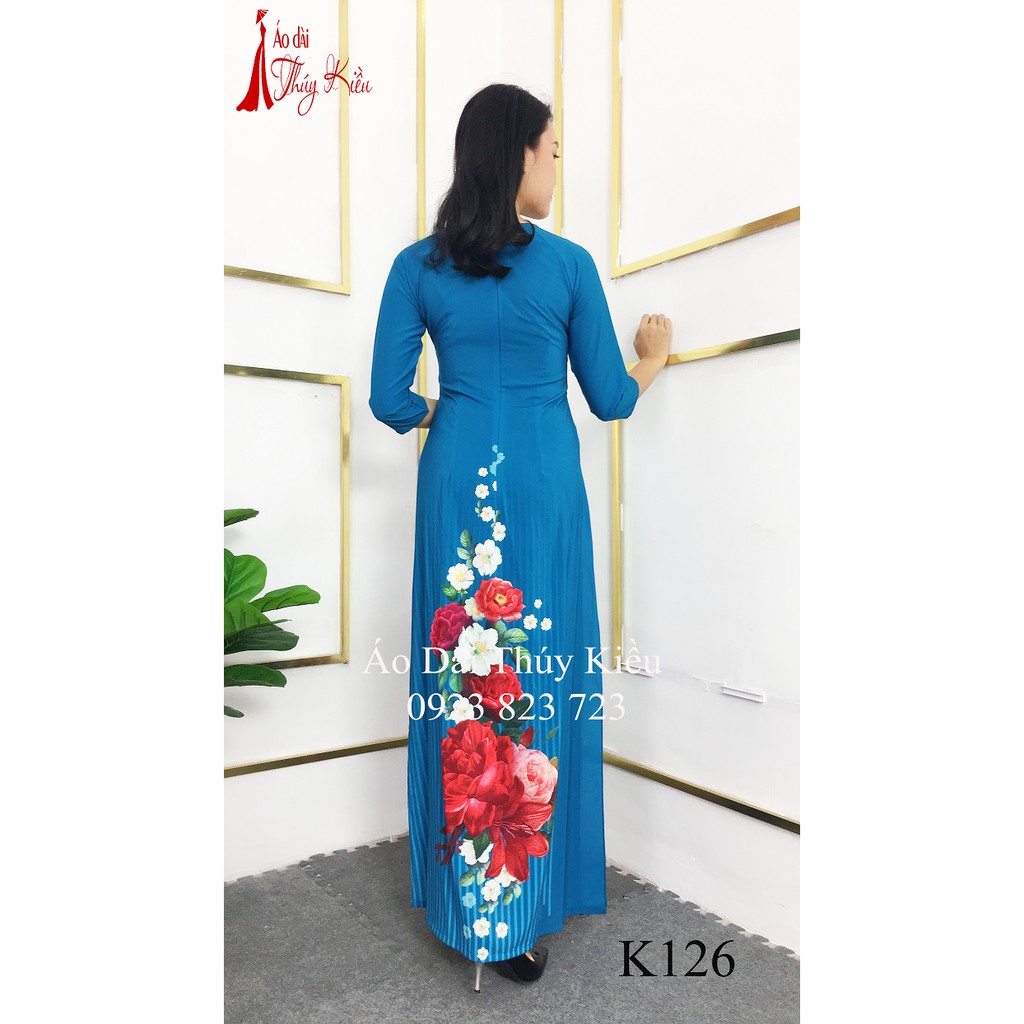 Áo dài 3D lụa Nhật xanh cổ vịt hoa hồng trắng tà kẻ K126 ❤️FREESHIP❤️ mềm mại, co giãn, thấm hút mồ hôi