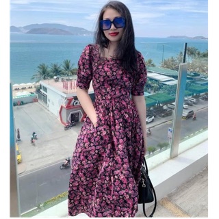 Đầm xoè hoa tím tay phồng