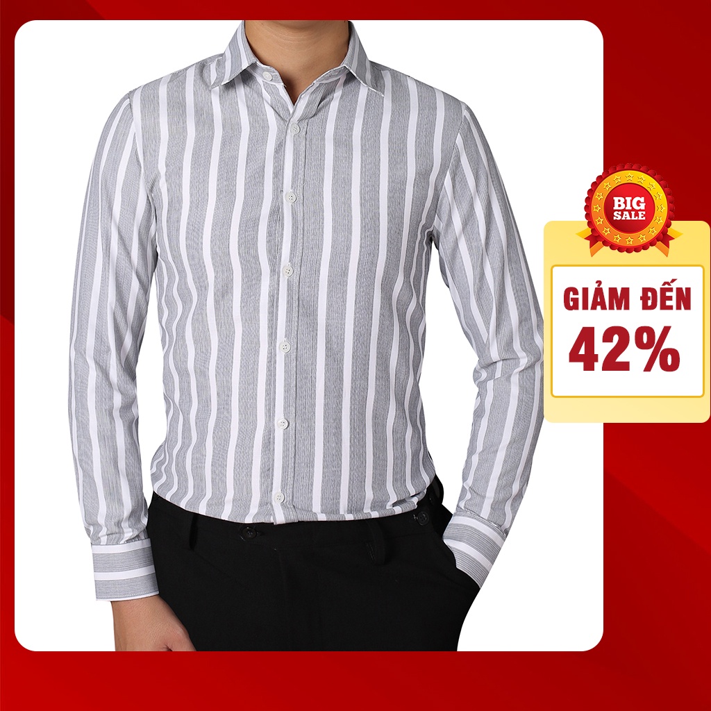 Sơ mi nam tay dài màu xám theo phong cách áo sơ mi kẻ sọc công sở Hàn Quốc lịch lãm vải cotton cao cấp mềm mịn