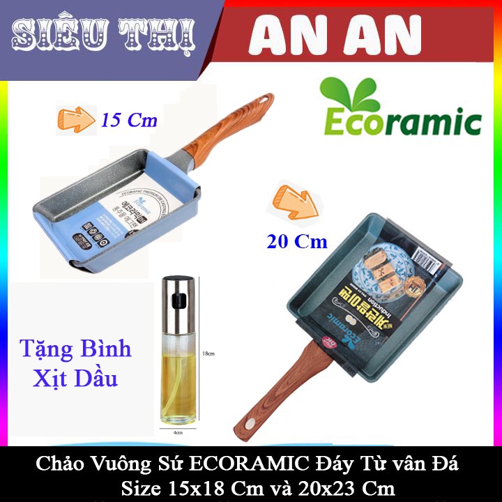 Chảo vuông sứ ceramic ECORAMIC đáy từ vân đá chống dính tay cầm chịu nhiệt chảo gốm sứ tặng bình xịt dầu