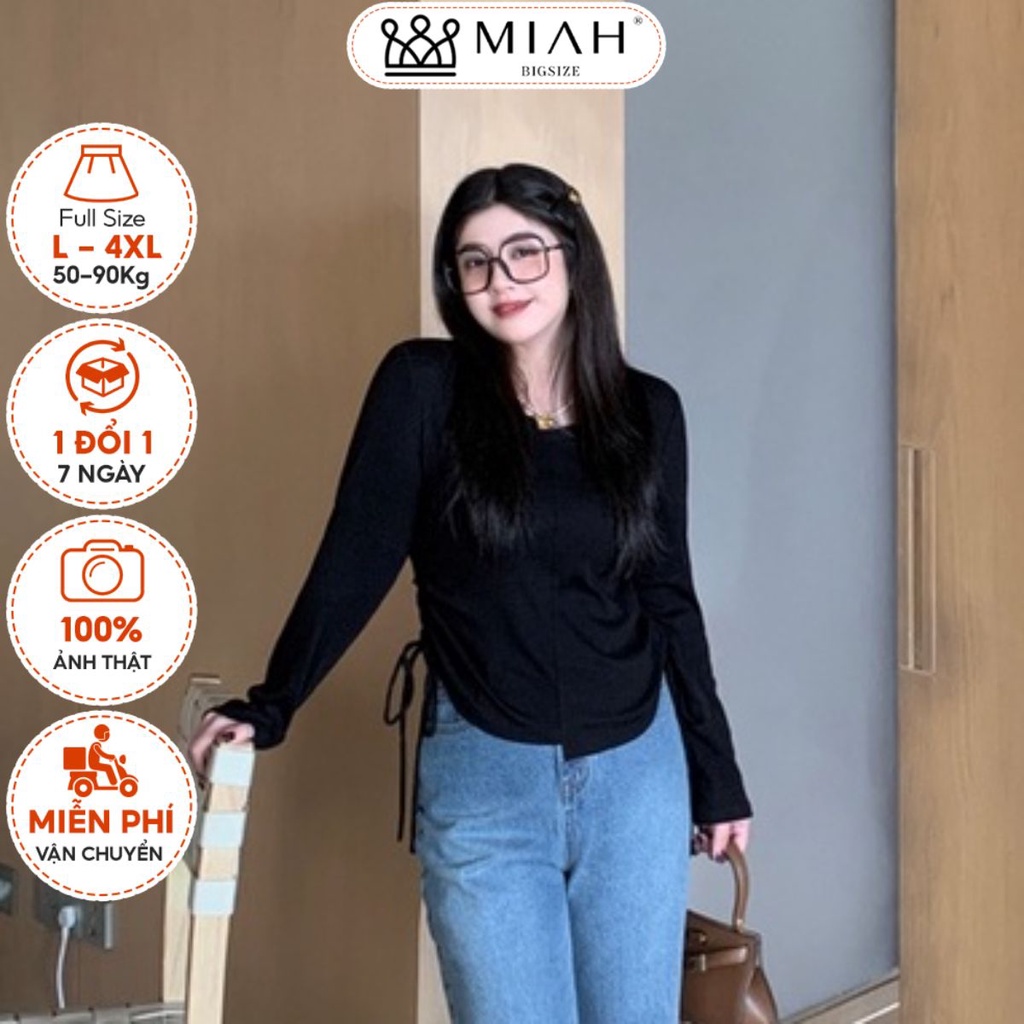 Áo thun dài tay bigsize nữ lệch tà chất cotton co giãn Lenlen hai màu đen xám 50-90kg đi chơi cafe dạo phố MIAH AO0002