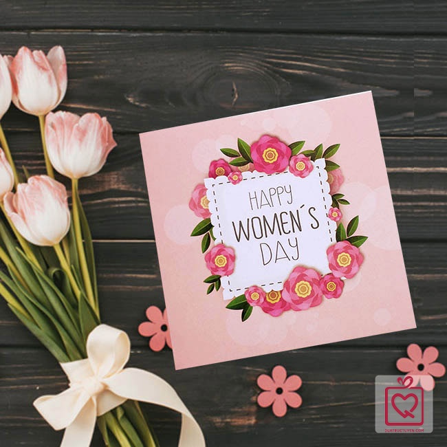 Thiệp chúc mừng tặng Phụ nữ vuông gấp- Happy Women's day, thiệp ghi lời chúc tặng bạn gái,tặng người yêu, trang trí quà