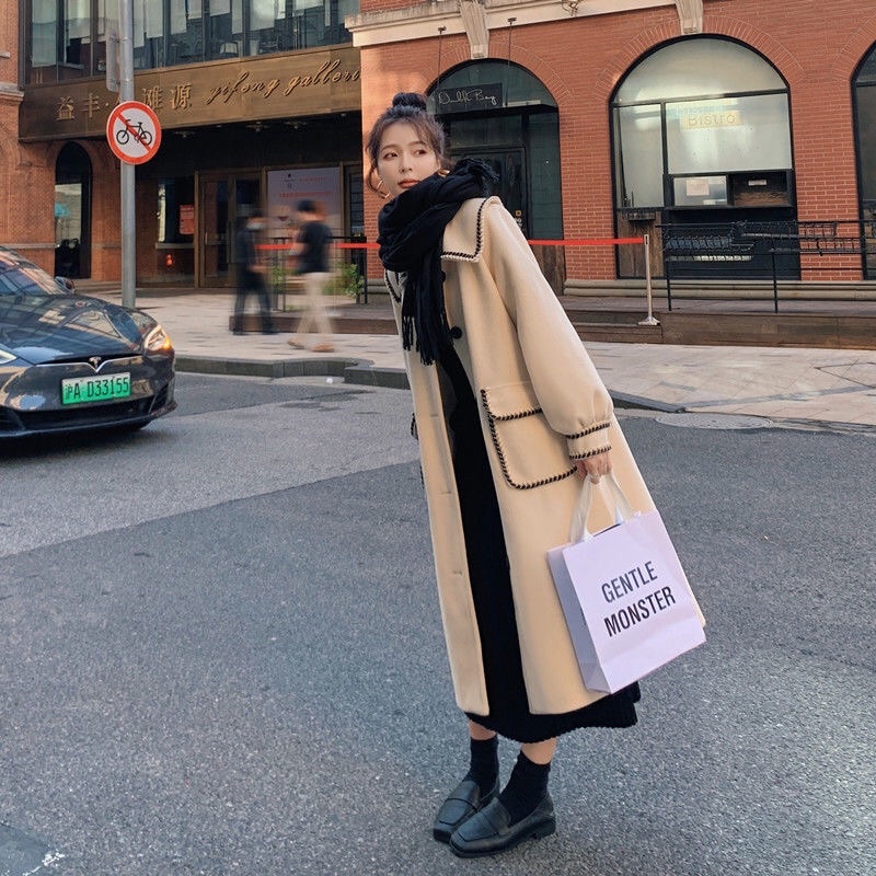 Áo khoác dạ dáng dài cổ polo thêu viền cổ tay và túi áo phiên bản mới phong cách Hàn Quốc | BigBuy360 - bigbuy360.vn